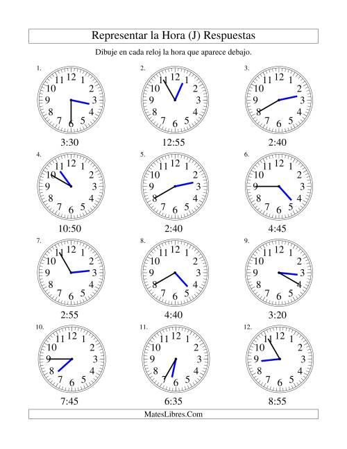 La hoja de ejercicios de Representar la Hora en un Reloj Analógico en Intervalos de 5 Minutos (J) Página 2