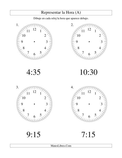 La hoja de ejercicios de Representar la Hora en un Reloj Analógico en Intervalos de 5 Minutos (Grande)