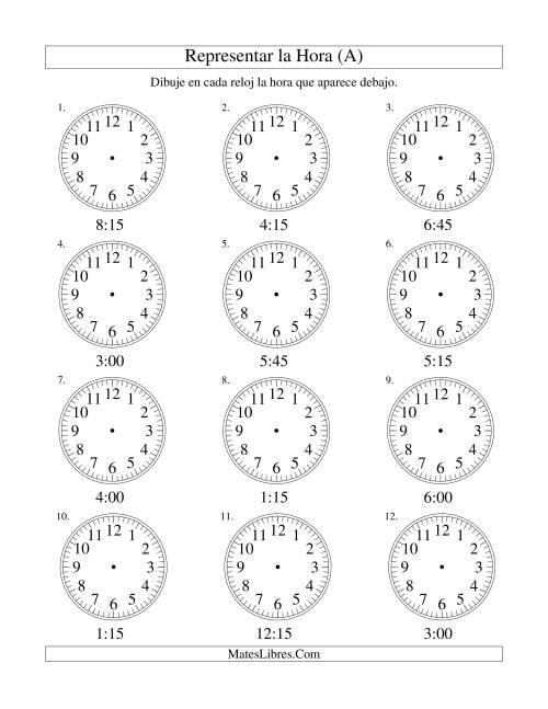 La hoja de ejercicios de Representar la Hora en un Reloj Analógico en Intervalos de 15 Minutos (A)