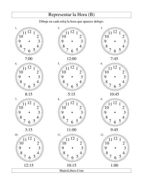 La hoja de ejercicios de Representar la Hora en un Reloj Analógico en Intervalos de 15 Minutos (B)