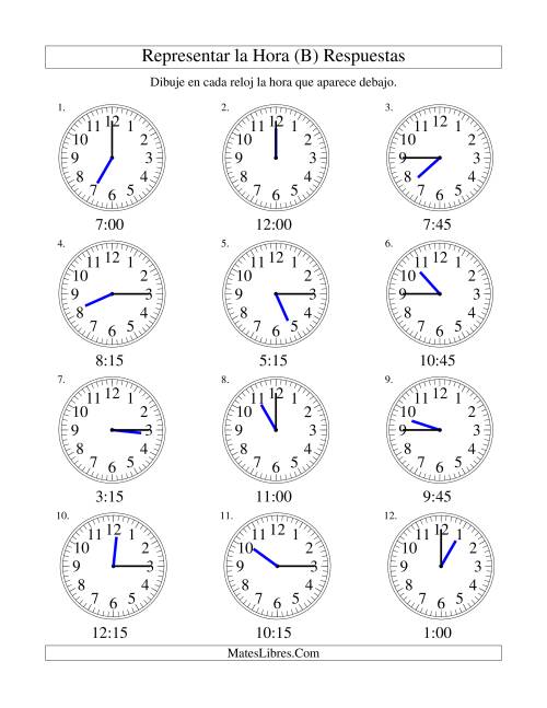 La hoja de ejercicios de Representar la Hora en un Reloj Analógico en Intervalos de 15 Minutos (B) Página 2