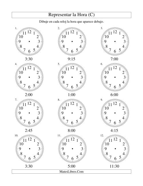 La hoja de ejercicios de Representar la Hora en un Reloj Analógico en Intervalos de 15 Minutos (C)