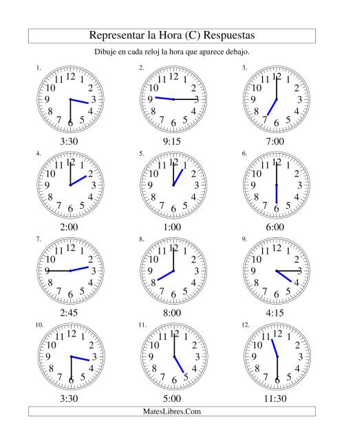 La hoja de ejercicios de Representar la Hora en un Reloj Analógico en Intervalos de 15 Minutos (C) Página 2