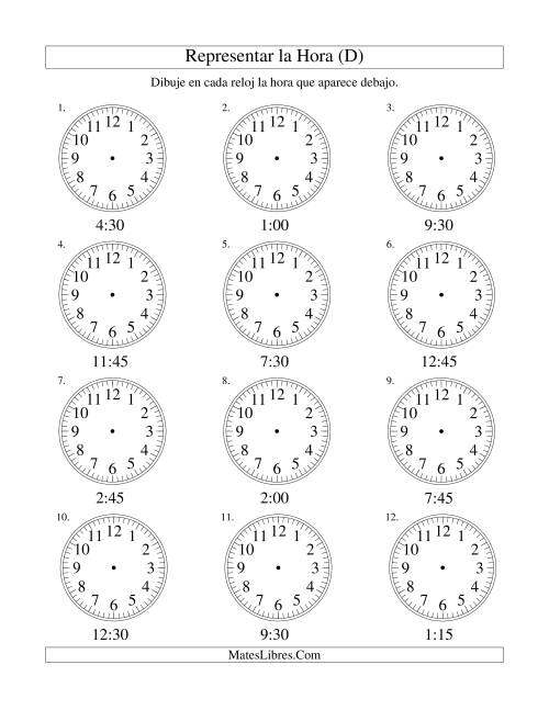 La hoja de ejercicios de Representar la Hora en un Reloj Analógico en Intervalos de 15 Minutos (D)