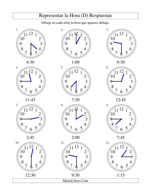 La hoja de ejercicios de Representar la Hora en un Reloj Analógico en Intervalos de 15 Minutos (D) Página 2