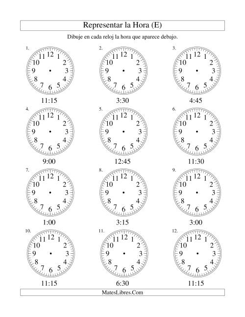 La hoja de ejercicios de Representar la Hora en un Reloj Analógico en Intervalos de 15 Minutos (E)