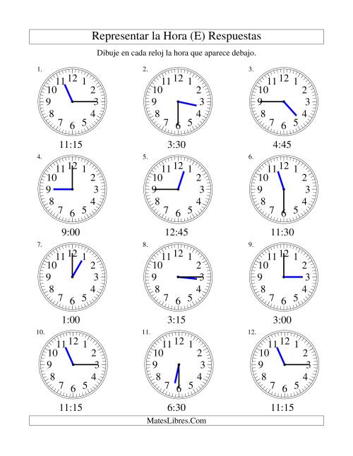 La hoja de ejercicios de Representar la Hora en un Reloj Analógico en Intervalos de 15 Minutos (E) Página 2