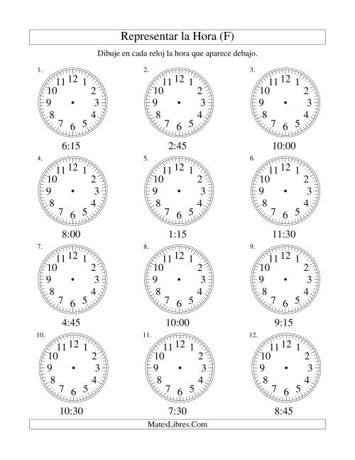 La hoja de ejercicios de Representar la Hora en un Reloj Analógico en Intervalos de 15 Minutos (F)