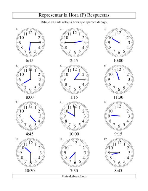 La hoja de ejercicios de Representar la Hora en un Reloj Analógico en Intervalos de 15 Minutos (F) Página 2