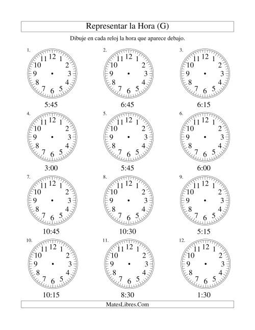 La hoja de ejercicios de Representar la Hora en un Reloj Analógico en Intervalos de 15 Minutos (G)