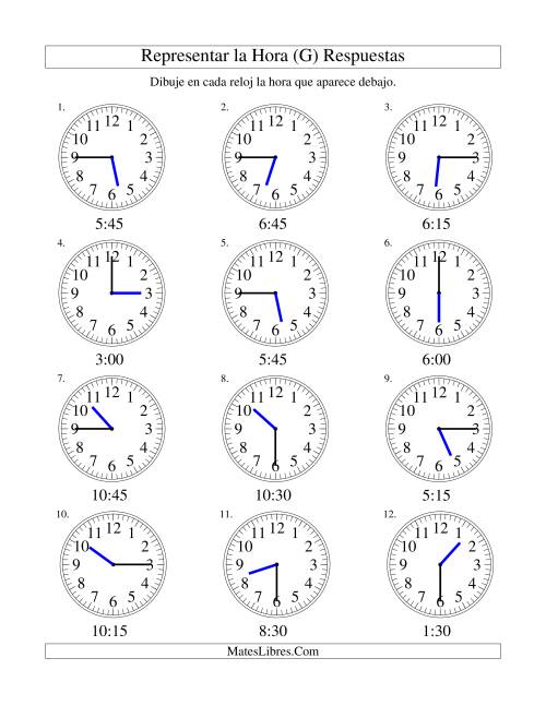 La hoja de ejercicios de Representar la Hora en un Reloj Analógico en Intervalos de 15 Minutos (G) Página 2