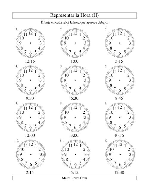 La hoja de ejercicios de Representar la Hora en un Reloj Analógico en Intervalos de 15 Minutos (H)