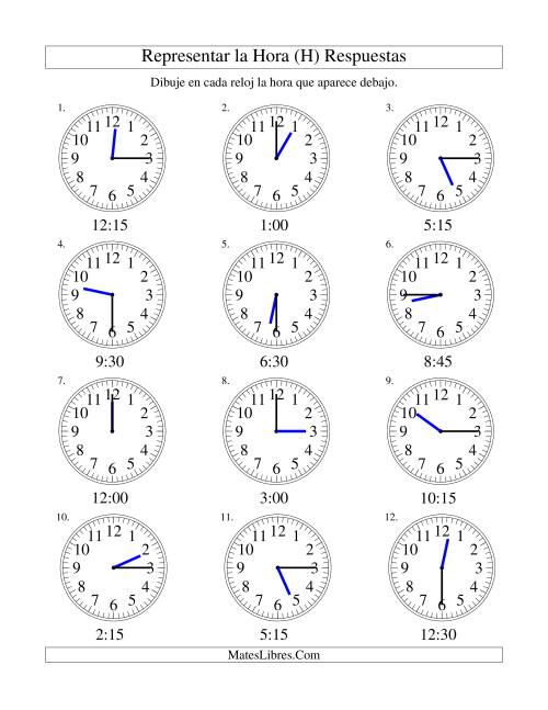 La hoja de ejercicios de Representar la Hora en un Reloj Analógico en Intervalos de 15 Minutos (H) Página 2