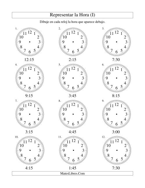 La hoja de ejercicios de Representar la Hora en un Reloj Analógico en Intervalos de 15 Minutos (I)