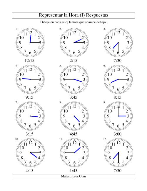 La hoja de ejercicios de Representar la Hora en un Reloj Analógico en Intervalos de 15 Minutos (I) Página 2