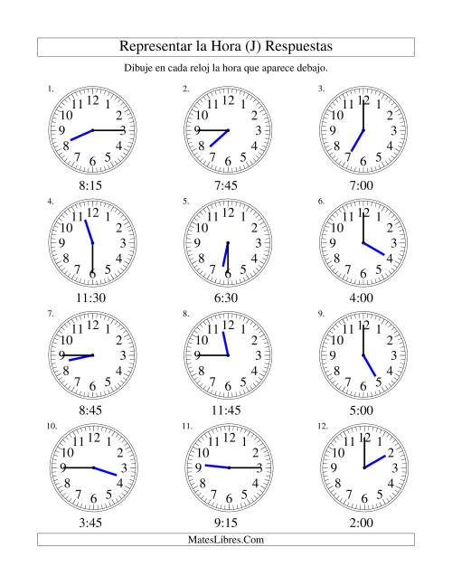 La hoja de ejercicios de Representar la Hora en un Reloj Analógico en Intervalos de 15 Minutos (J) Página 2