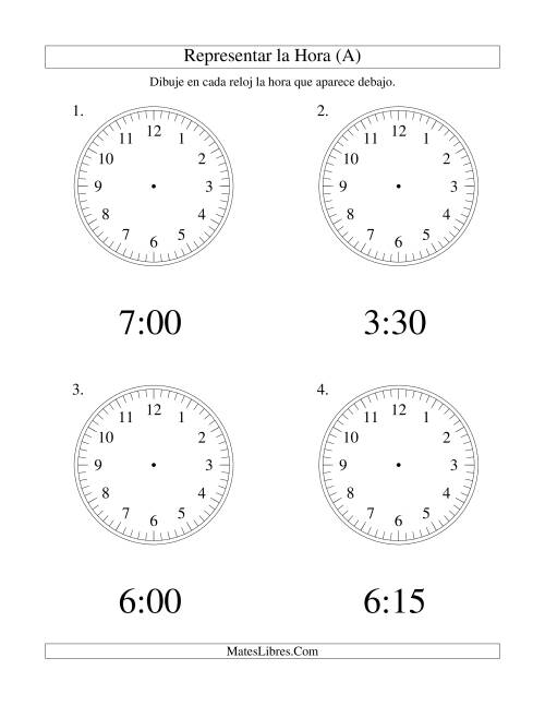 La hoja de ejercicios de Representar la Hora en un Reloj Analógico en Intervalos de 15 Minutos (Grande)