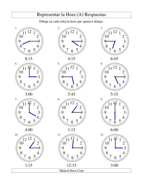 La hoja de ejercicios de Representar la Hora en un Reloj Analógico en Intervalos de 15 Minutos (Todas) Página 2