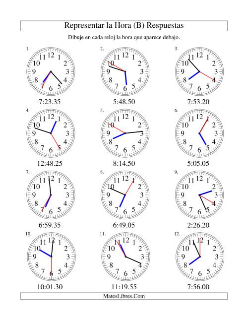 La hoja de ejercicios de Representar la Hora en un Reloj Analógico en Intervalos de 5 Segundos (B) Página 2