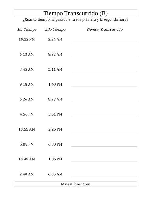 La hoja de ejercicios de Medir Tiempo Transcurrido, Hasta 5 Horas en Intervalos de 1 Minuto (B)