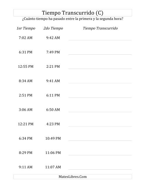 La hoja de ejercicios de Medir Tiempo Transcurrido, Hasta 5 Horas en Intervalos de 1 Minuto (C)