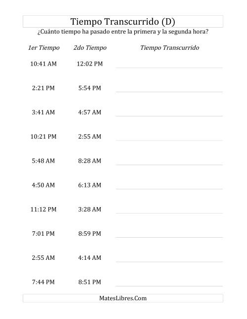 La hoja de ejercicios de Medir Tiempo Transcurrido, Hasta 5 Horas en Intervalos de 1 Minuto (D)