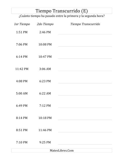 La hoja de ejercicios de Medir Tiempo Transcurrido, Hasta 5 Horas en Intervalos de 1 Minuto (E)