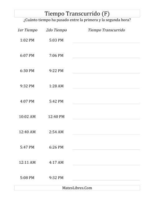 La hoja de ejercicios de Medir Tiempo Transcurrido, Hasta 5 Horas en Intervalos de 1 Minuto (F)