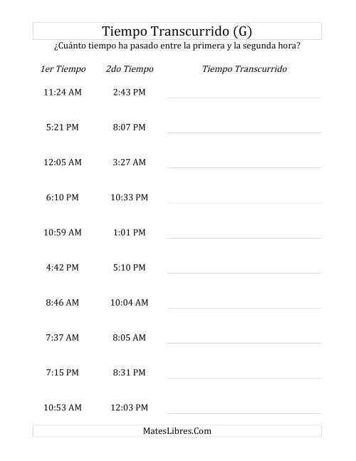 La hoja de ejercicios de Medir Tiempo Transcurrido, Hasta 5 Horas en Intervalos de 1 Minuto (G)