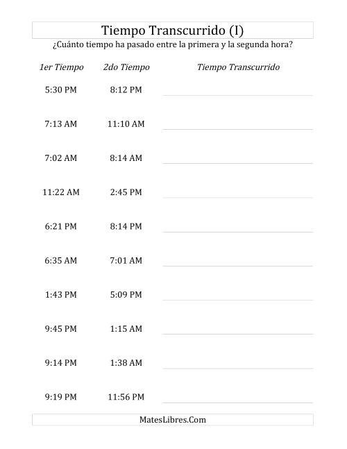 La hoja de ejercicios de Medir Tiempo Transcurrido, Hasta 5 Horas en Intervalos de 1 Minuto (I)