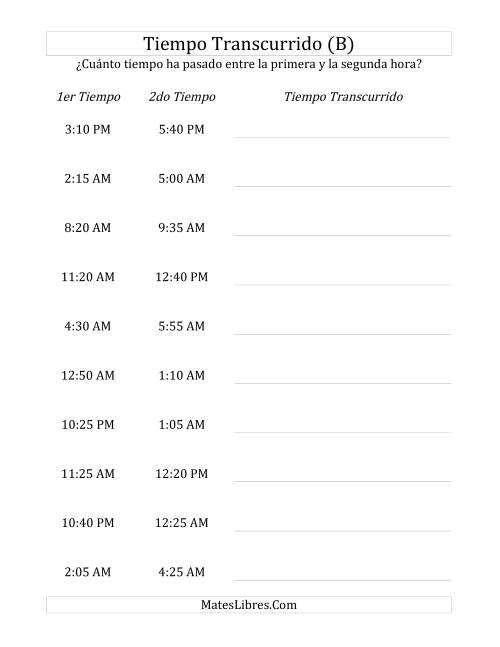 La hoja de ejercicios de Medir Tiempo Transcurrido, Hasta 5 Horas en Intervalos de 5 Minutos (B)