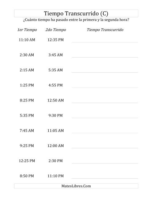 La hoja de ejercicios de Medir Tiempo Transcurrido, Hasta 5 Horas en Intervalos de 5 Minutos (C)