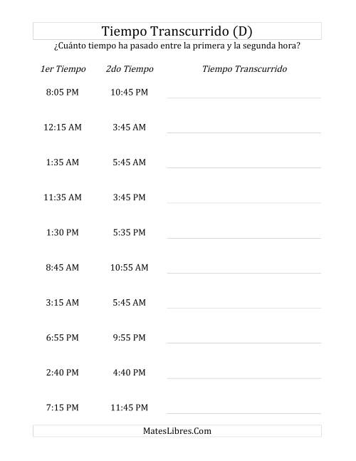 La hoja de ejercicios de Medir Tiempo Transcurrido, Hasta 5 Horas en Intervalos de 5 Minutos (D)