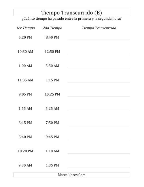 La hoja de ejercicios de Medir Tiempo Transcurrido, Hasta 5 Horas en Intervalos de 5 Minutos (E)