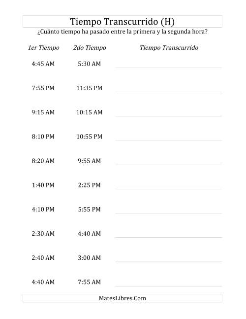 La hoja de ejercicios de Medir Tiempo Transcurrido, Hasta 5 Horas en Intervalos de 5 Minutos (H)