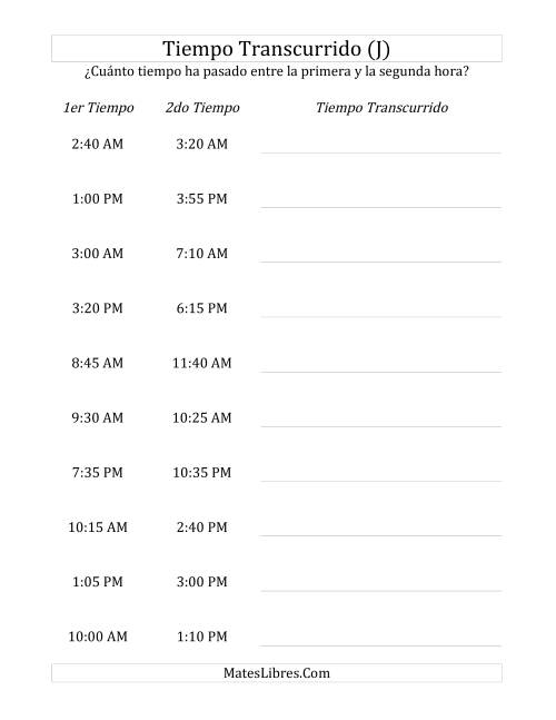 La hoja de ejercicios de Medir Tiempo Transcurrido, Hasta 5 Horas en Intervalos de 5 Minutos (J)