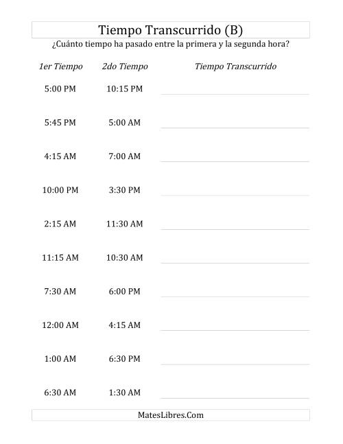 La hoja de ejercicios de Medir Tiempo Transcurrido, Hasta 24 Horas en Intervalos de 15 Minutos (B)