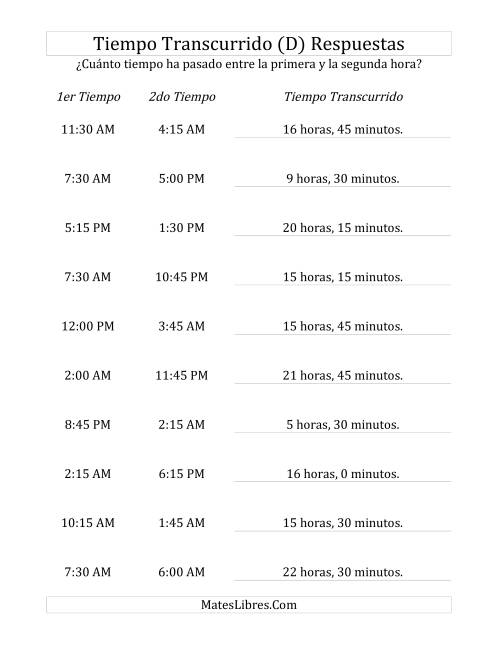 La hoja de ejercicios de Medir Tiempo Transcurrido, Hasta 24 Horas en Intervalos de 15 Minutos (D) Página 2