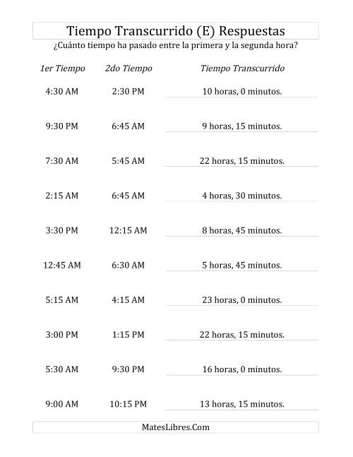 La hoja de ejercicios de Medir Tiempo Transcurrido, Hasta 24 Horas en Intervalos de 15 Minutos (E) Página 2