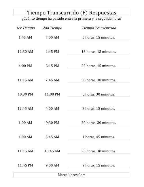 La hoja de ejercicios de Medir Tiempo Transcurrido, Hasta 24 Horas en Intervalos de 15 Minutos (F) Página 2