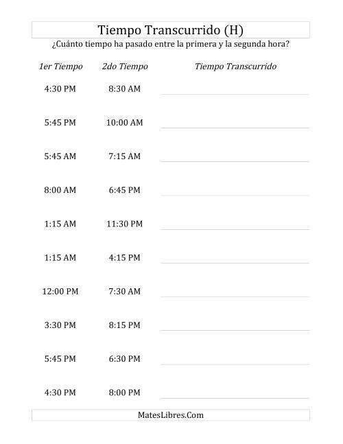 La hoja de ejercicios de Medir Tiempo Transcurrido, Hasta 24 Horas en Intervalos de 15 Minutos (H)