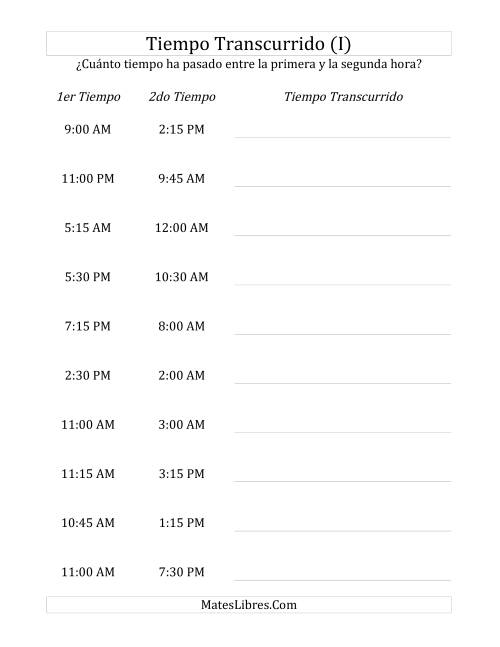 La hoja de ejercicios de Medir Tiempo Transcurrido, Hasta 24 Horas en Intervalos de 15 Minutos (I)