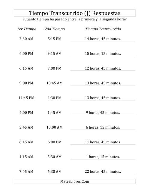 La hoja de ejercicios de Medir Tiempo Transcurrido, Hasta 24 Horas en Intervalos de 15 Minutos (J) Página 2