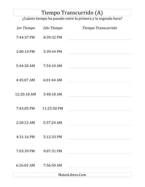 La hoja de ejercicios de Medir Tiempo Transcurrido, Hasta 5 Horas en Intervalos de 1 Minuto y 1 Segundo (A)