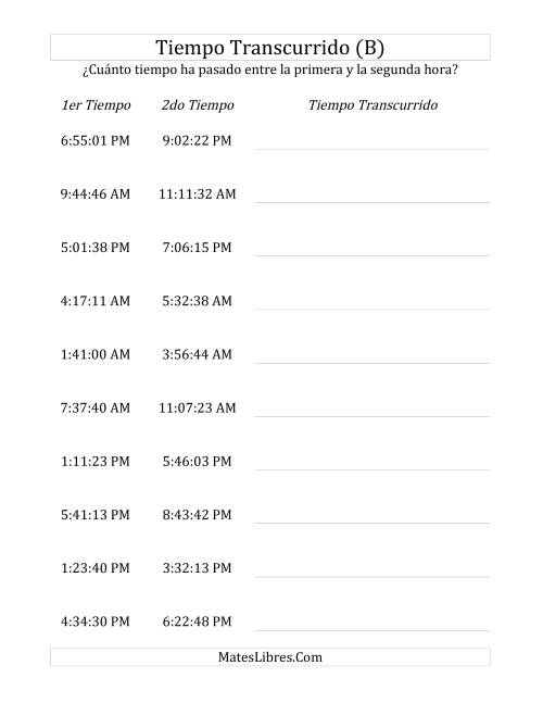 La hoja de ejercicios de Medir Tiempo Transcurrido, Hasta 5 Horas en Intervalos de 1 Minuto y 1 Segundo (B)