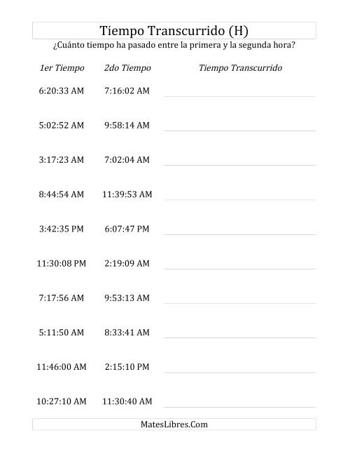 La hoja de ejercicios de Medir Tiempo Transcurrido, Hasta 5 Horas en Intervalos de 1 Minuto y 1 Segundo (H)