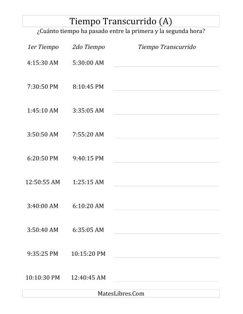 La hoja de ejercicios de Medir Tiempo Transcurrido, Hasta 5 Horas en Intervalos de 5 Minutos y 5 Segundos (A)