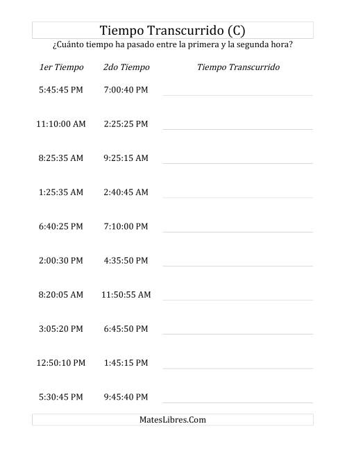 La hoja de ejercicios de Medir Tiempo Transcurrido, Hasta 5 Horas en Intervalos de 5 Minutos y 5 Segundos (C)