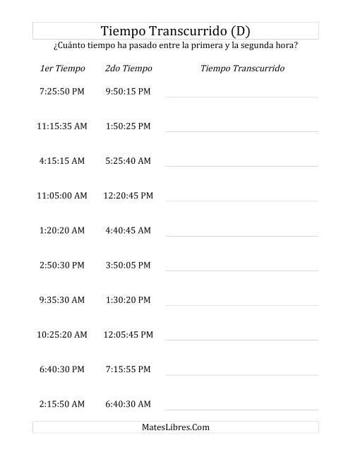 La hoja de ejercicios de Medir Tiempo Transcurrido, Hasta 5 Horas en Intervalos de 5 Minutos y 5 Segundos (D)