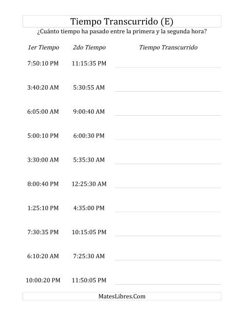 La hoja de ejercicios de Medir Tiempo Transcurrido, Hasta 5 Horas en Intervalos de 5 Minutos y 5 Segundos (E)